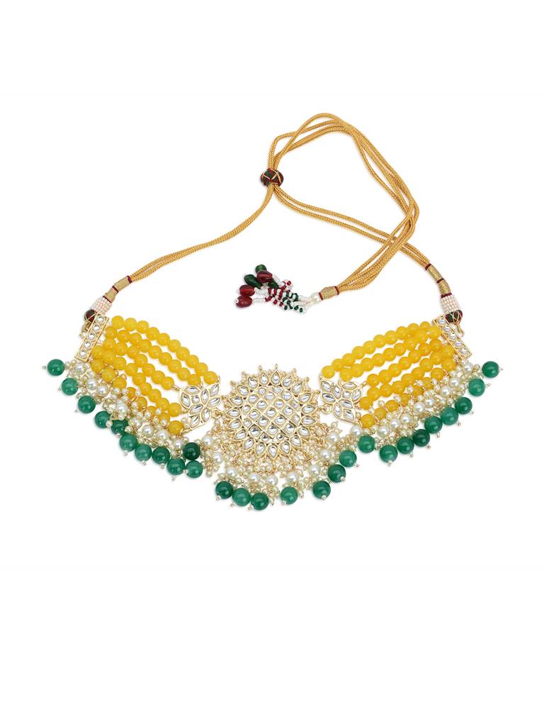 Gold-Plated Stone-Studded & Artificial Beaded Jewellery Set : TMNC21009