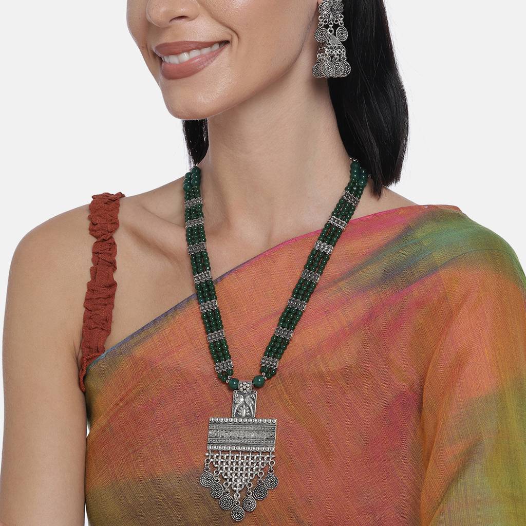 Green Silver-Plated Oxidized Handcrafted Jewellery Set : TMNL20345