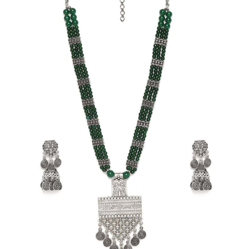 Green Silver-Plated Oxidized Handcrafted Jewellery Set : TMNL20345