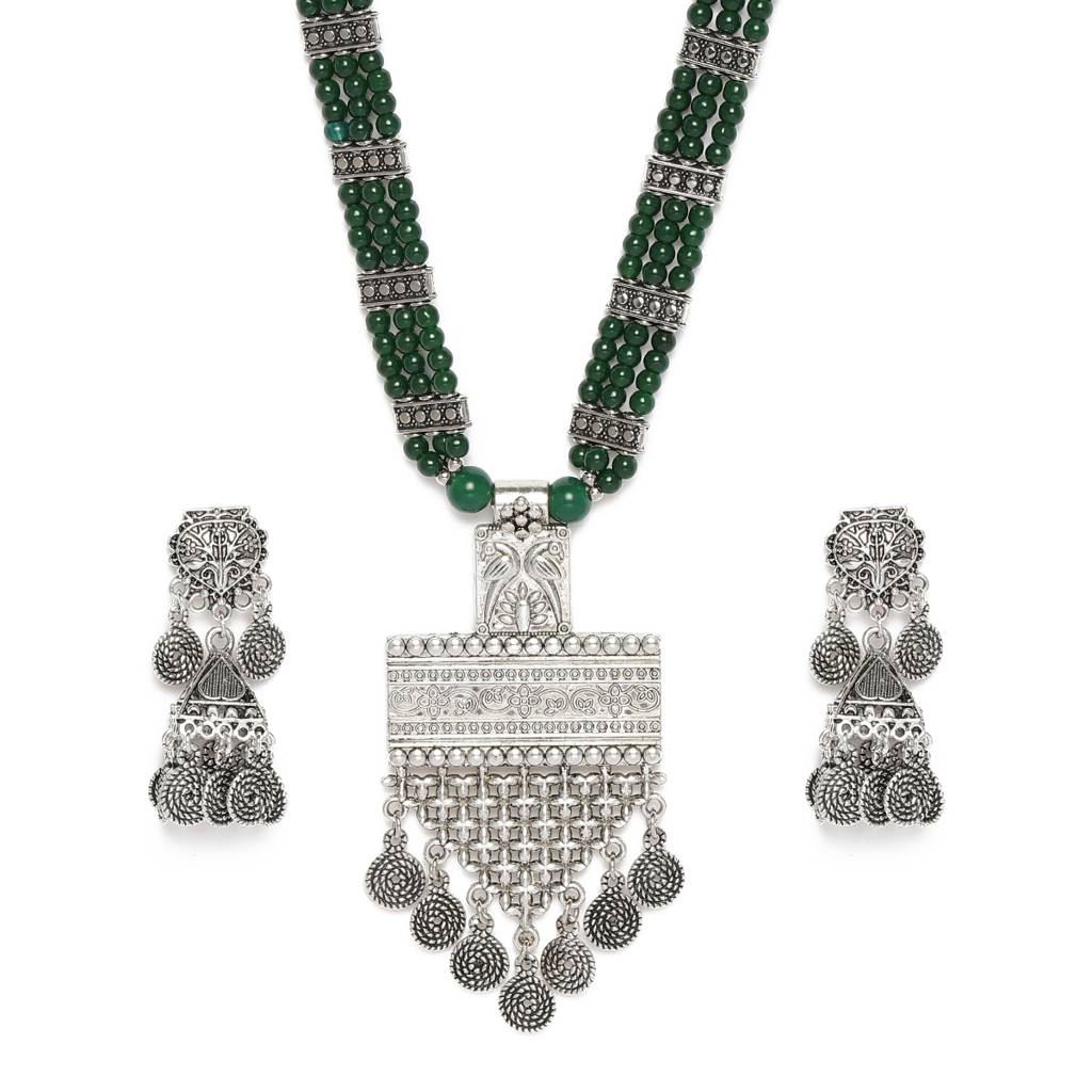 Green Silver-Plated Oxidized Handcrafted Jewellery Set : TMNL20345