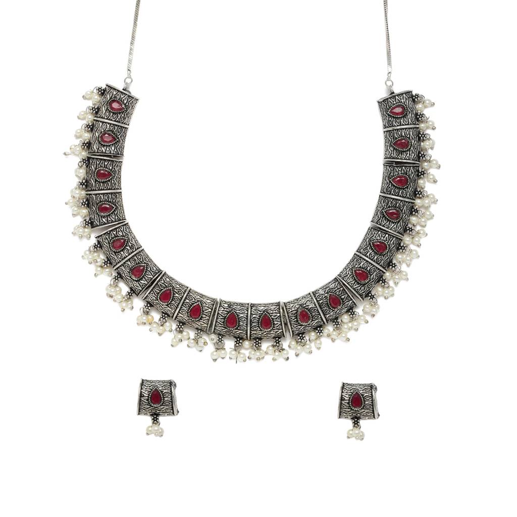 Maroon Silver-Plated Oxidized Handcrafted Jewellery Set : TMNS20319
