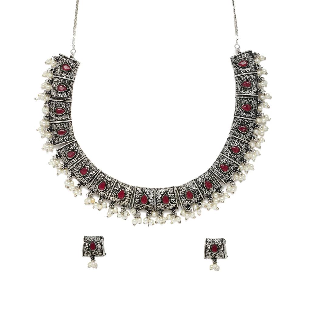 Maroon Silver-Plated Oxidized Handcrafted Jewellery Set : TMNS20319