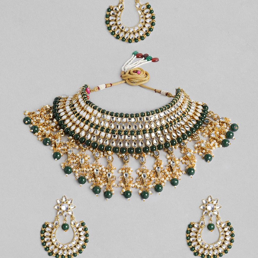 Green & White Gold-Plated Kundan Handcrafted Embellished Jewellery Set : TMNS20529