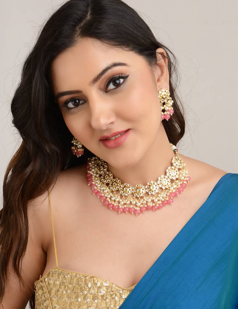 24K Rose Gold-Plated Kundan Studded & Beaded Jewellery Set : TMNS21002