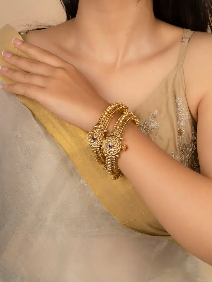 Pink Color Gold Plated Temple Bangles - Tmpban94P : TMPBAN94P