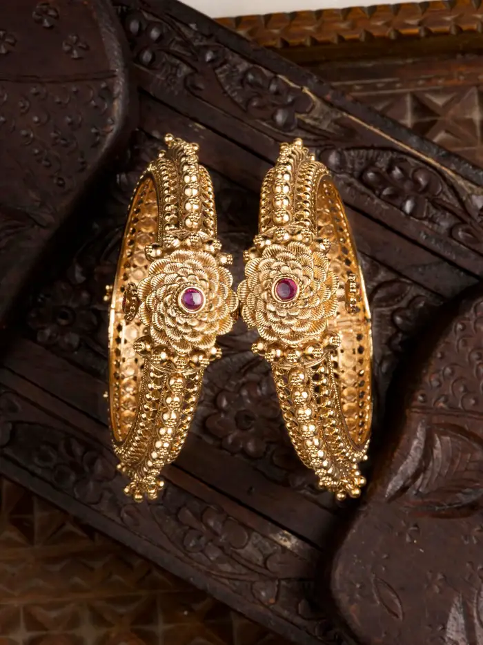Pink Color Gold Plated Temple Bangles - Tmpban94P : TMPBAN94P