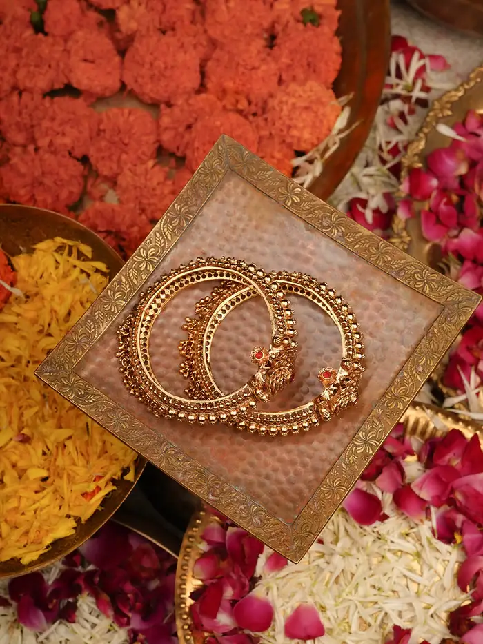 Pink Color Gold Plated Temple Bangles - Tmpban94P : TMPBAN94P