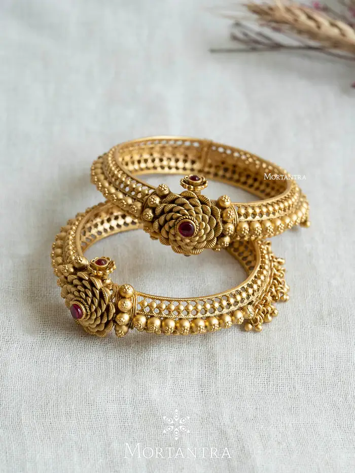 Pink Color Gold Plated Temple Bangles - Tmpban94P : TMPBAN94P