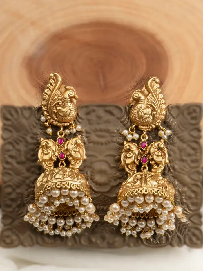 Pink Color Gold Plated Temple Earrings - Tmpear74 : TMPEAR74