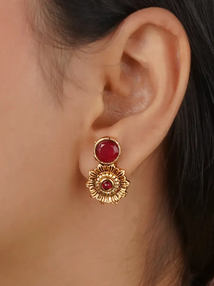 Maroon Color Gold Plated Temple Necklace Set - Tmpset145P : TMPSET145P