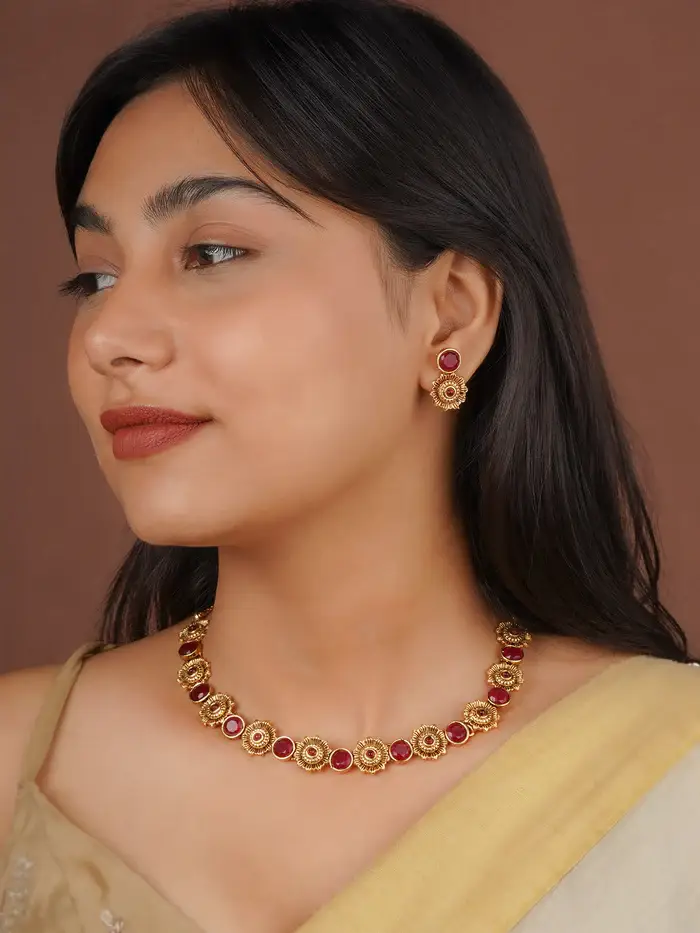 Maroon Color Gold Plated Temple Necklace Set - Tmpset145P : TMPSET145P