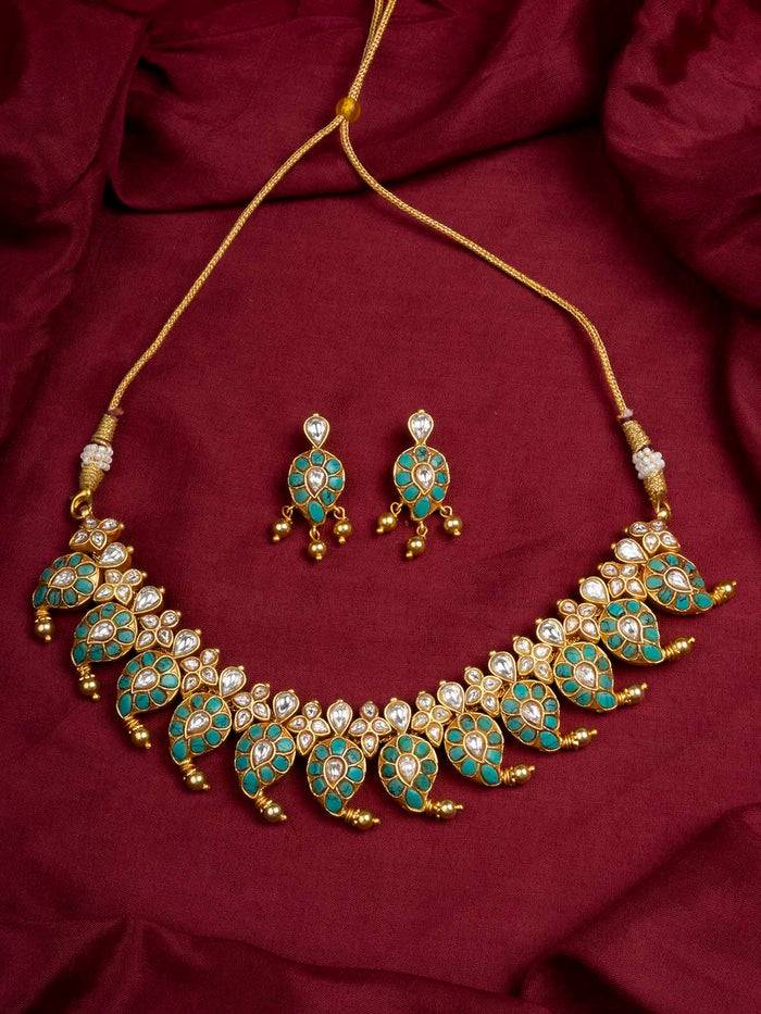 Firoza Color Gold Plated Temple Necklace Set - Tmpset198Wf : TMPSET198WF