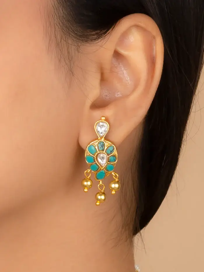 Firoza Color Gold Plated Temple Necklace Set - Tmpset198Wf : TMPSET198WF