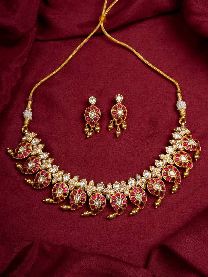 Pink Color Gold Plated Temple Necklace Set - Tmpset198Wp : TMPSET198WP