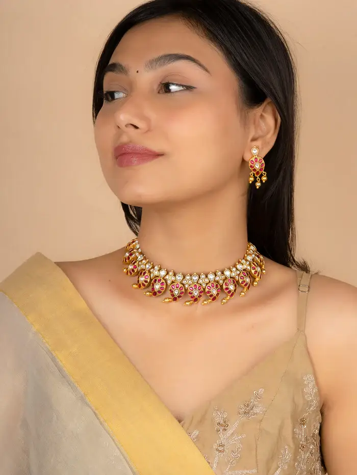 Pink Color Gold Plated Temple Necklace Set - Tmpset198Wp : TMPSET198WP