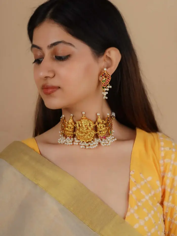 Multicolor Gold Plated Temple Necklace Set - Tmpset215M : TMPSET215M