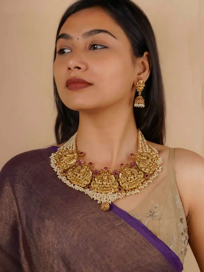 Pink Color Gold Plated Temple Necklace Set - Tmpset615 : TMPSET615