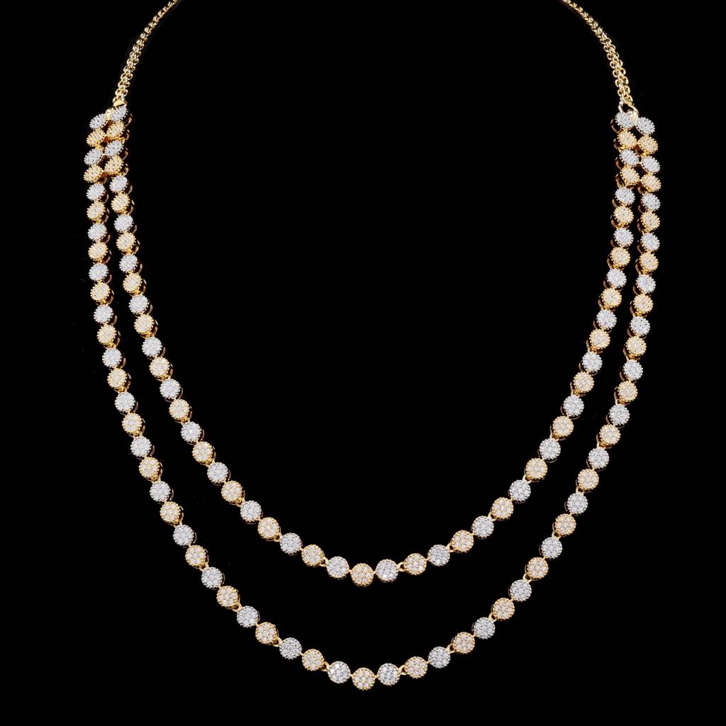 Double Layer Dual Tone Pressure Setting Tafeta Necklace Set With Earrings On Pure 925 Silver : TNS9102