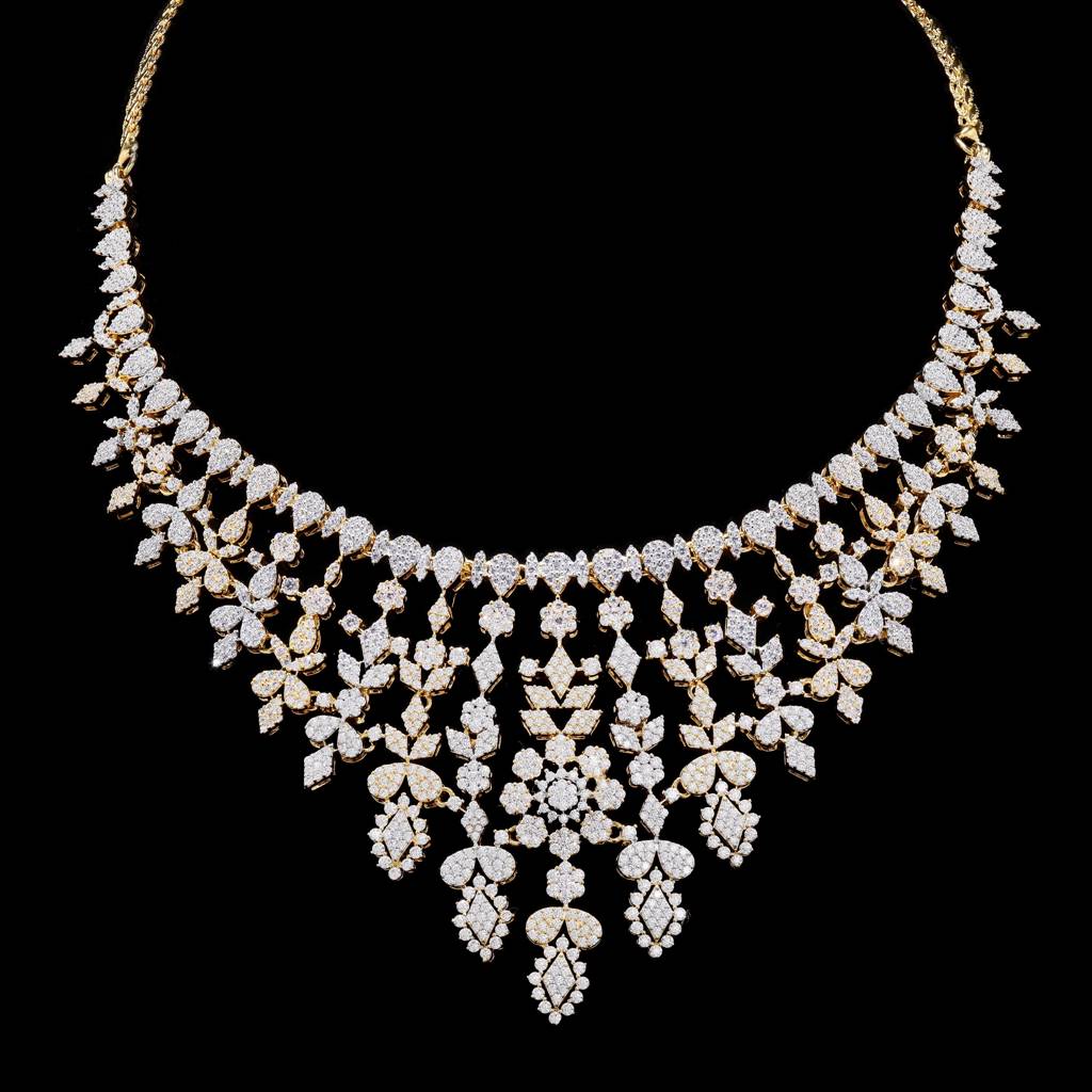 Dual Tone Nelita Pressure Setting Necklace Set With Earrings On Pure 925 Silver : TNS9105