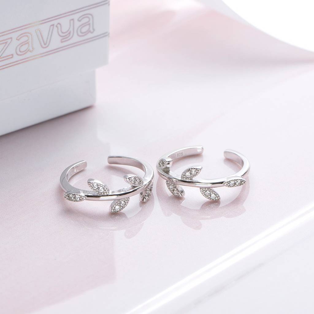 Leaf Cz Rhodium Plated 925 Sterling Silver Toe Ring : TOE-10054