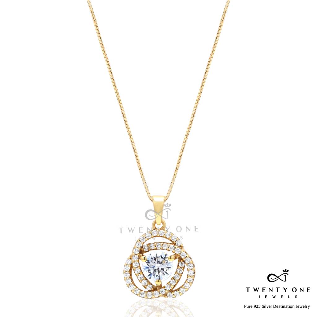 Gold Finish Intertwined Fauzia 50 Cents Solitaire Pendant With Chain On Pure 925 Silver : TP5104