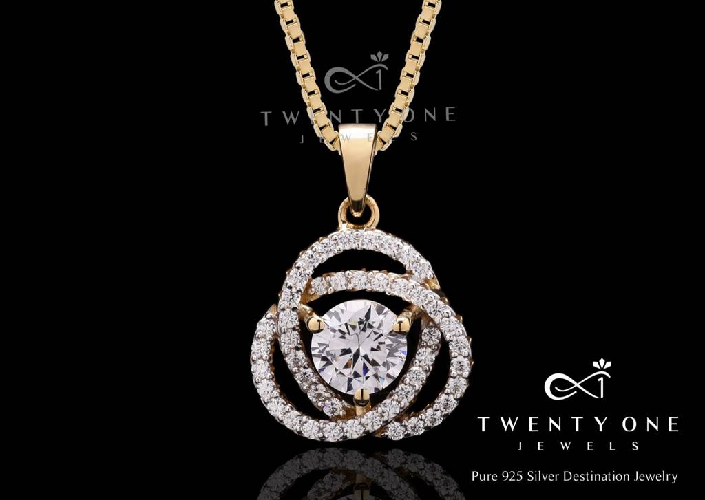 Gold Finish Intertwined Fauzia 50 Cents Solitaire Pendant With Chain On Pure 925 Silver : TP5104