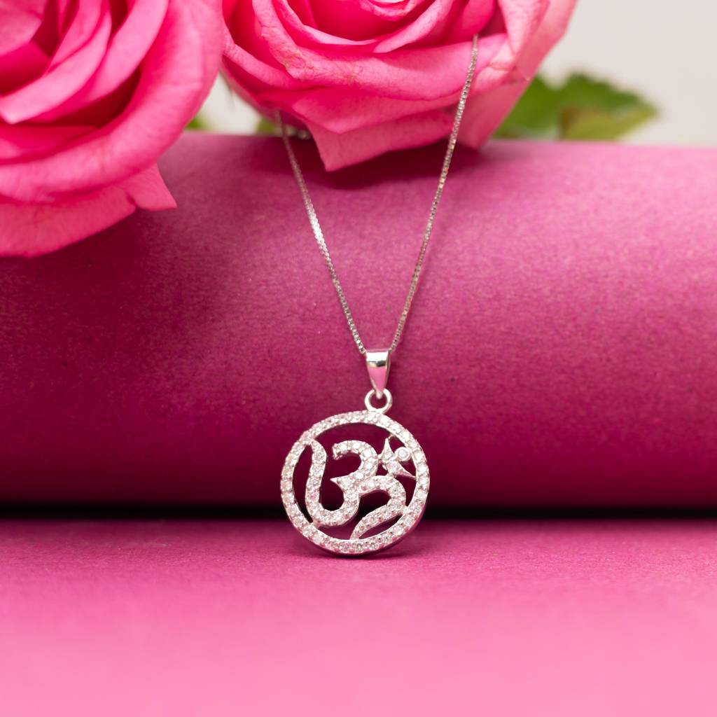 American Diamond Studded Om Pendant With Chain With Diamond Border On Pure 925 Silver : TP5116