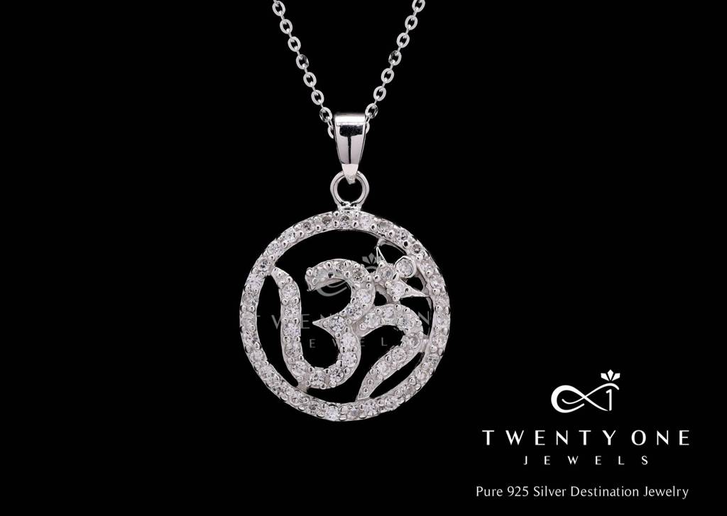 American Diamond Studded Om Pendant With Chain With Diamond Border On Pure 925 Silver : TP5116