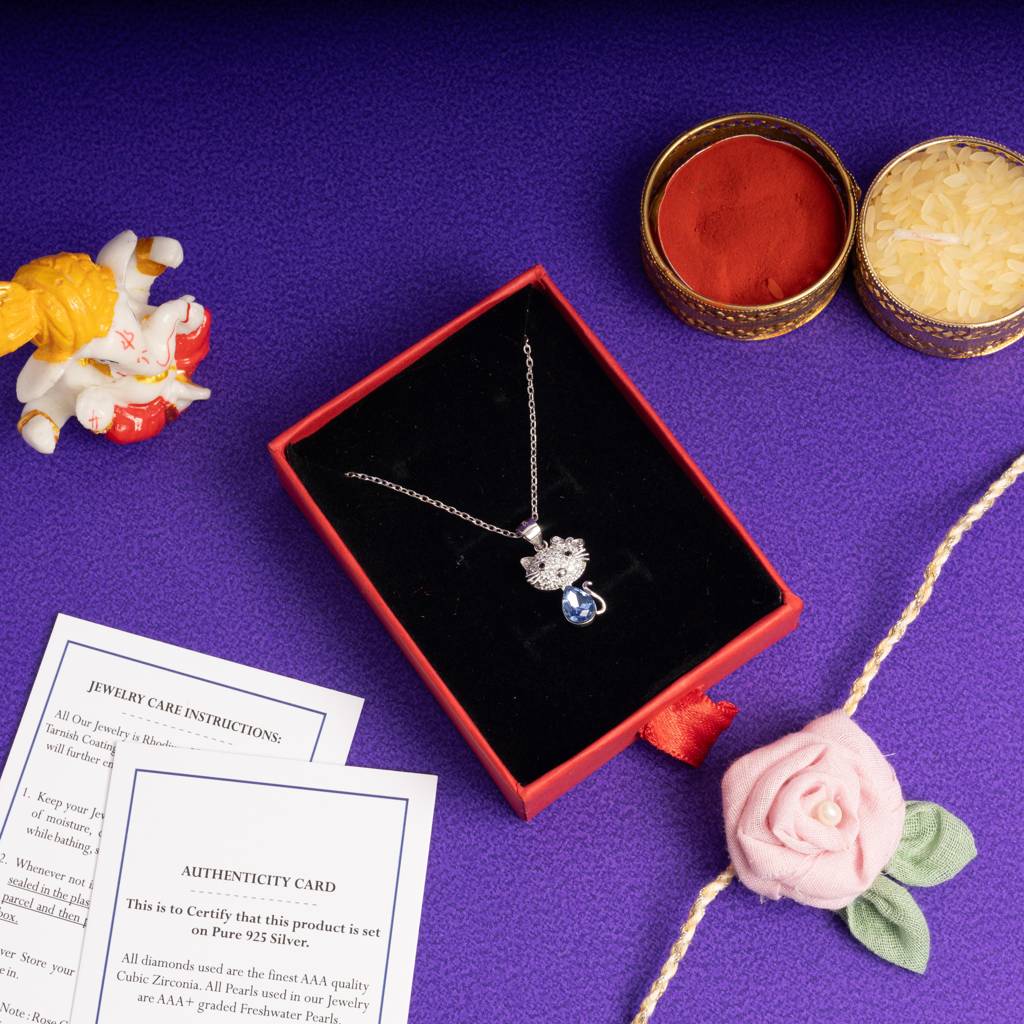 American Diamond Micro Setting Kids Kitty Pendant With Chain With Pear Shaped Blue Sapphire : TP5136