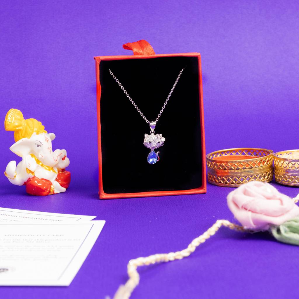 American Diamond Micro Setting Kids Kitty Pendant With Chain With Pear Shaped Blue Sapphire : TP5136