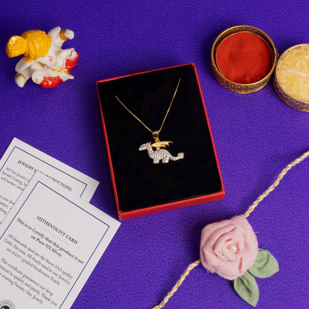 Premium American Diamond Studded Gold Finish Dinosaur Pendant With Chain On Pure 925 Silver : TP5149