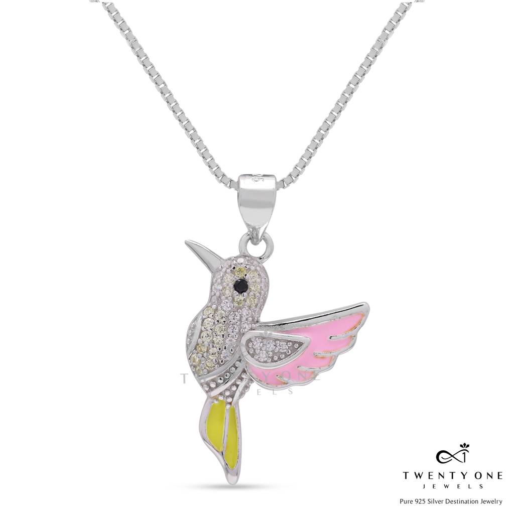 Pure 925 Silver American Diamond Studded Bird Pendant And Chain With Pink And Yellow Enameling. : TP5159