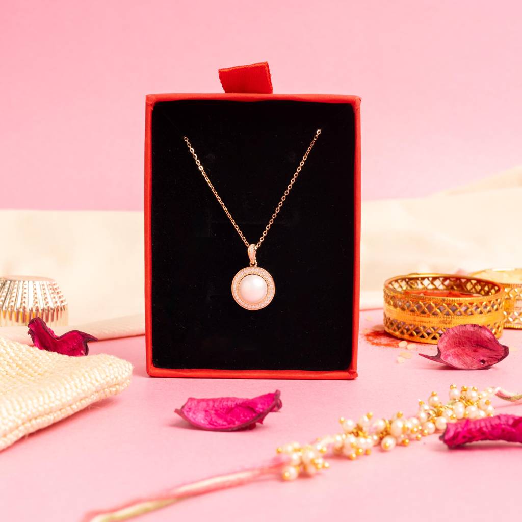 Rose Gold Finish American Diamond Studded Reyna Fresh Water Pearl Pendant With Chain On Pure 925 Silver. : TP5160