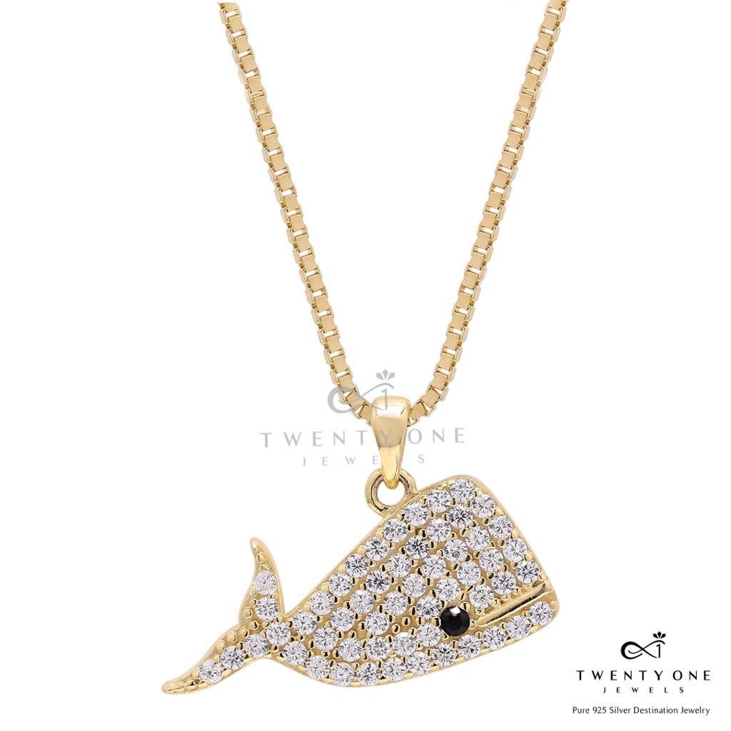 18K Gold Finish Diamond Studded Dolphin Pendant With Chain On Pure 925 Silver. : TP5161