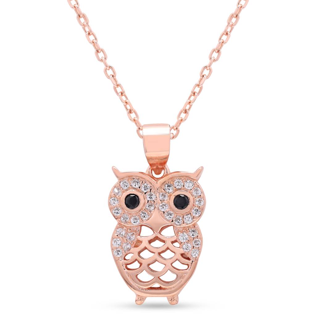 Rose Gold Finish Diamond Studded Owl Pendant With Chain On Pure 925 Silver. : TP5188