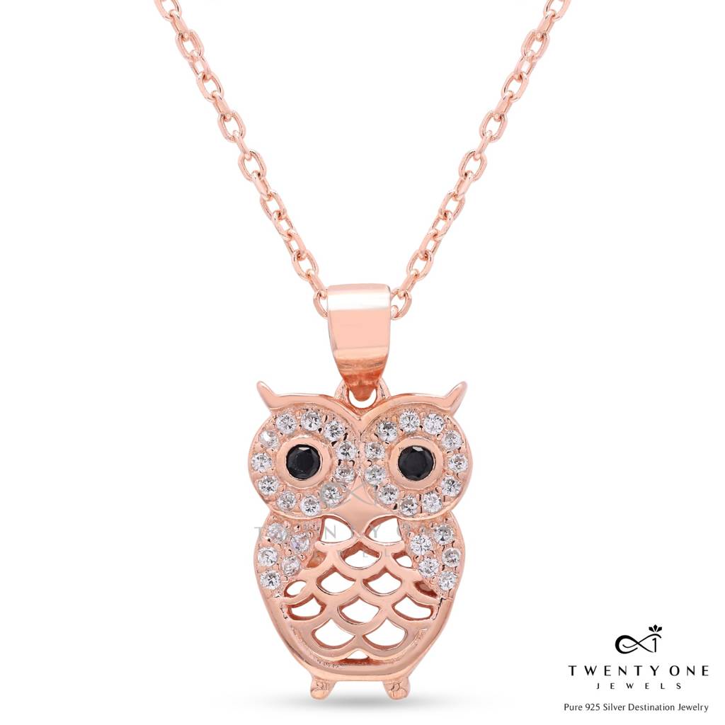 Rose Gold Finish Diamond Studded Owl Pendant With Chain On Pure 925 Silver. : TP5188