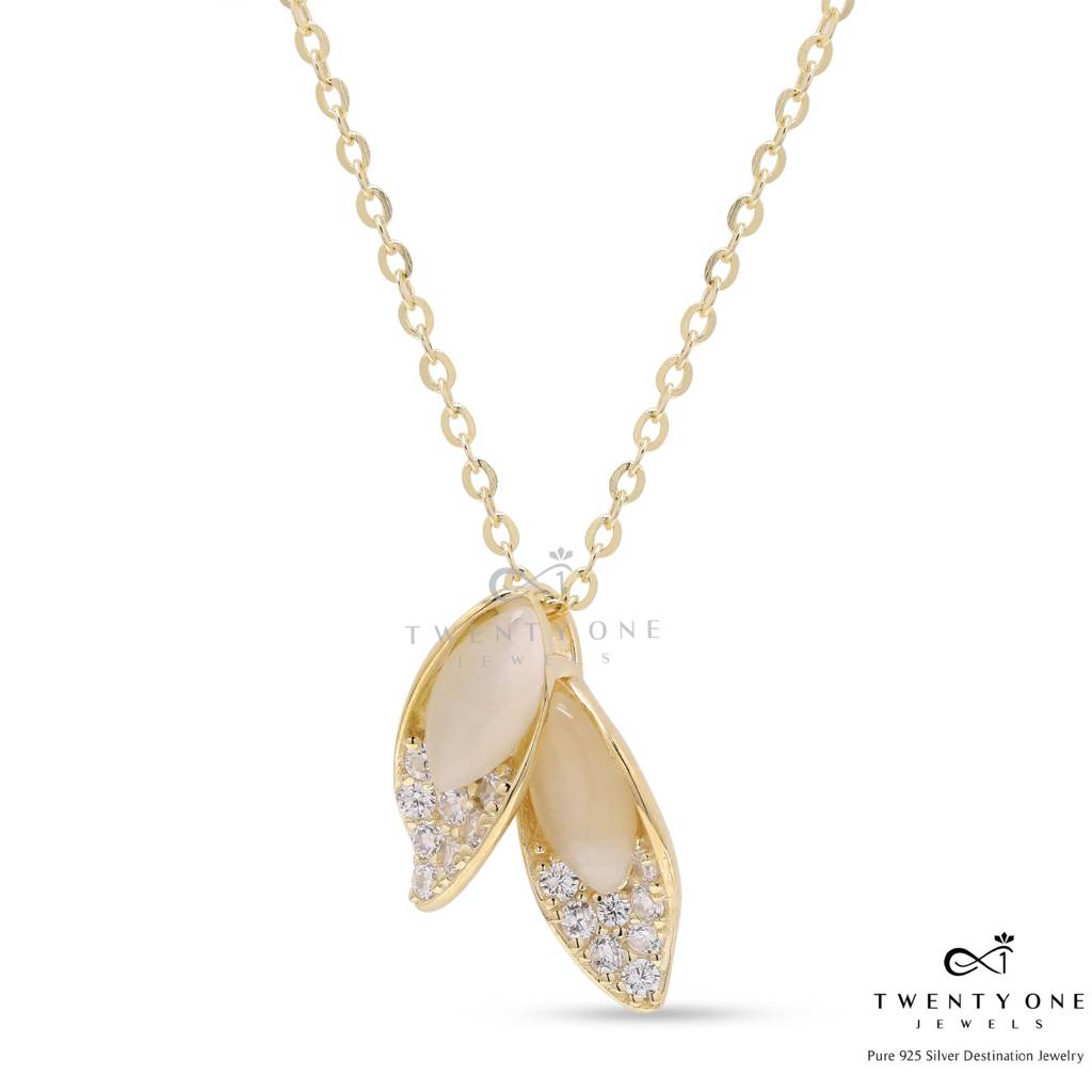 18K Gold Finish American Diamond Studded Leaf Pair Pendant With Chain On Pure 925 Silver. : TP5218