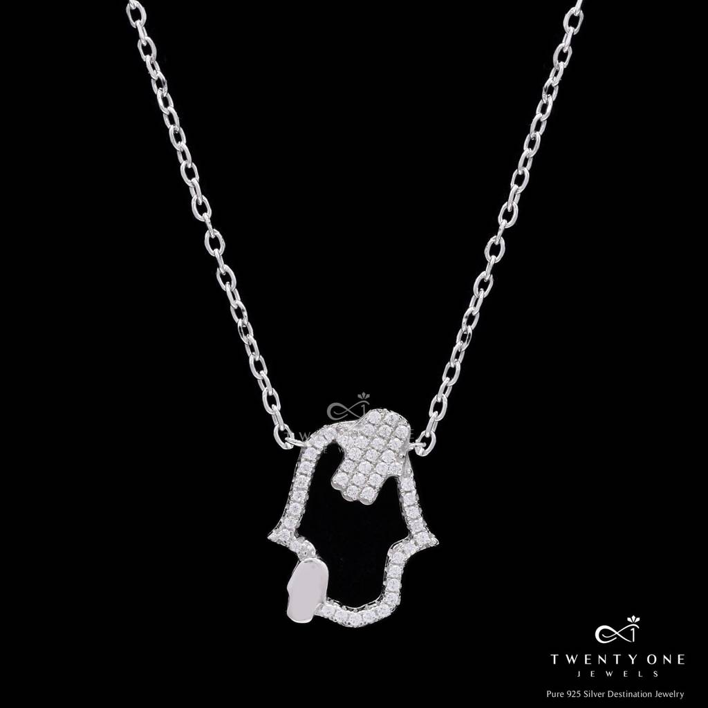 American Diamond Studded Hamza Eva Pendant With Chain On Pure 925 ...