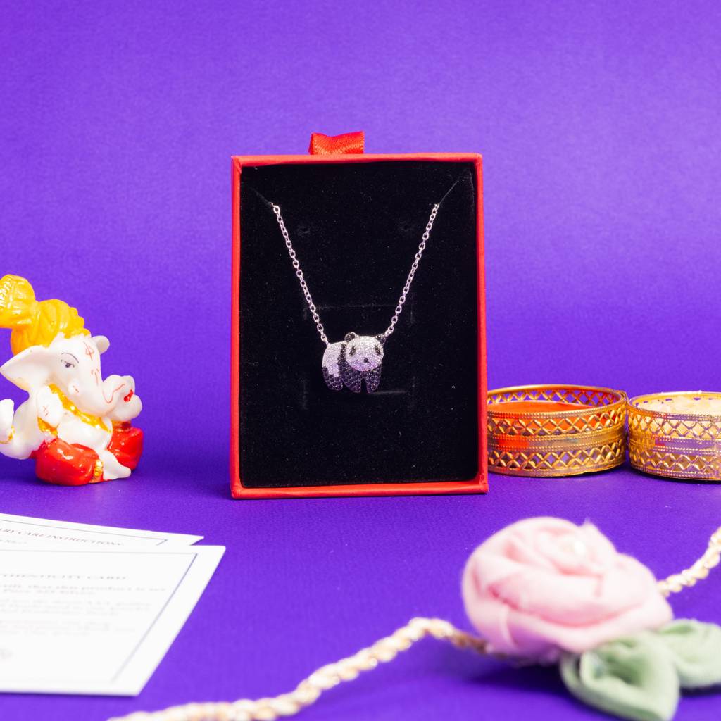 Kids American Diamond Studded Panda Bear Pendant With Chain On Pure 925 Silver : TP5266