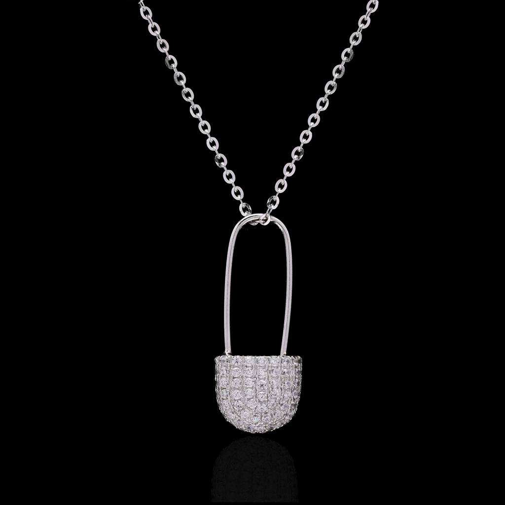 Diamond Studded Safety Pin Pendant With Chain On Pure 925 Silver : TP5276
