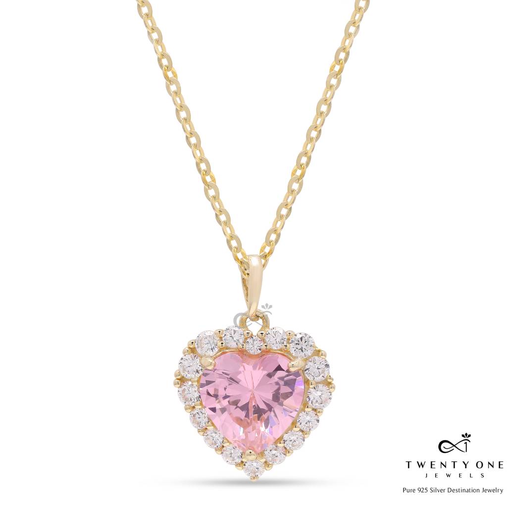 Pink Heart Solitaire Gold Finish Marie Pendant With Chain On 925 Silver : TP5284