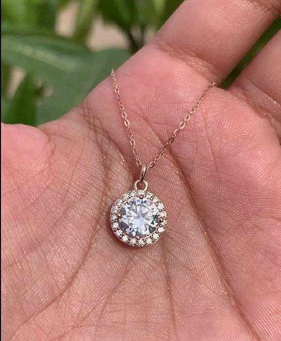 Rose Gold 2 Carat Round Cut Solitaire Adeline Pendant With Chain On Pure 925 Silver : TP5317