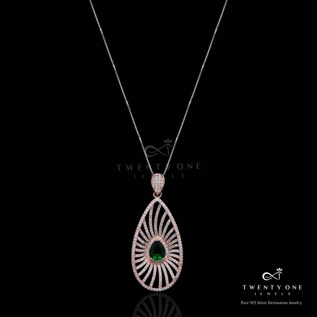 Rose Gold Premium Myra Green Emerald Pendant With Chain On Pure 925 Silver : TP5342