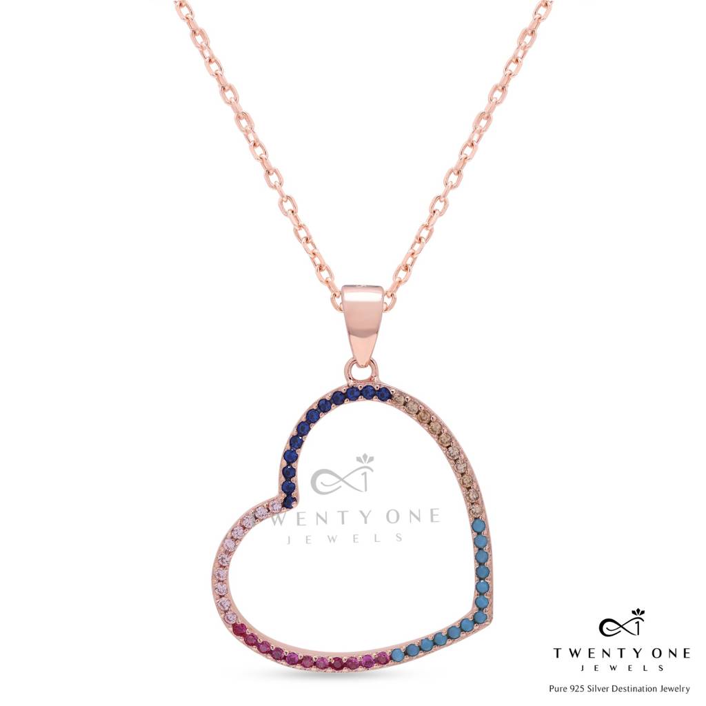 Multicoloured Big Heart Rose Gold Charlee Pendant On Pure 925 Silver : TP5365