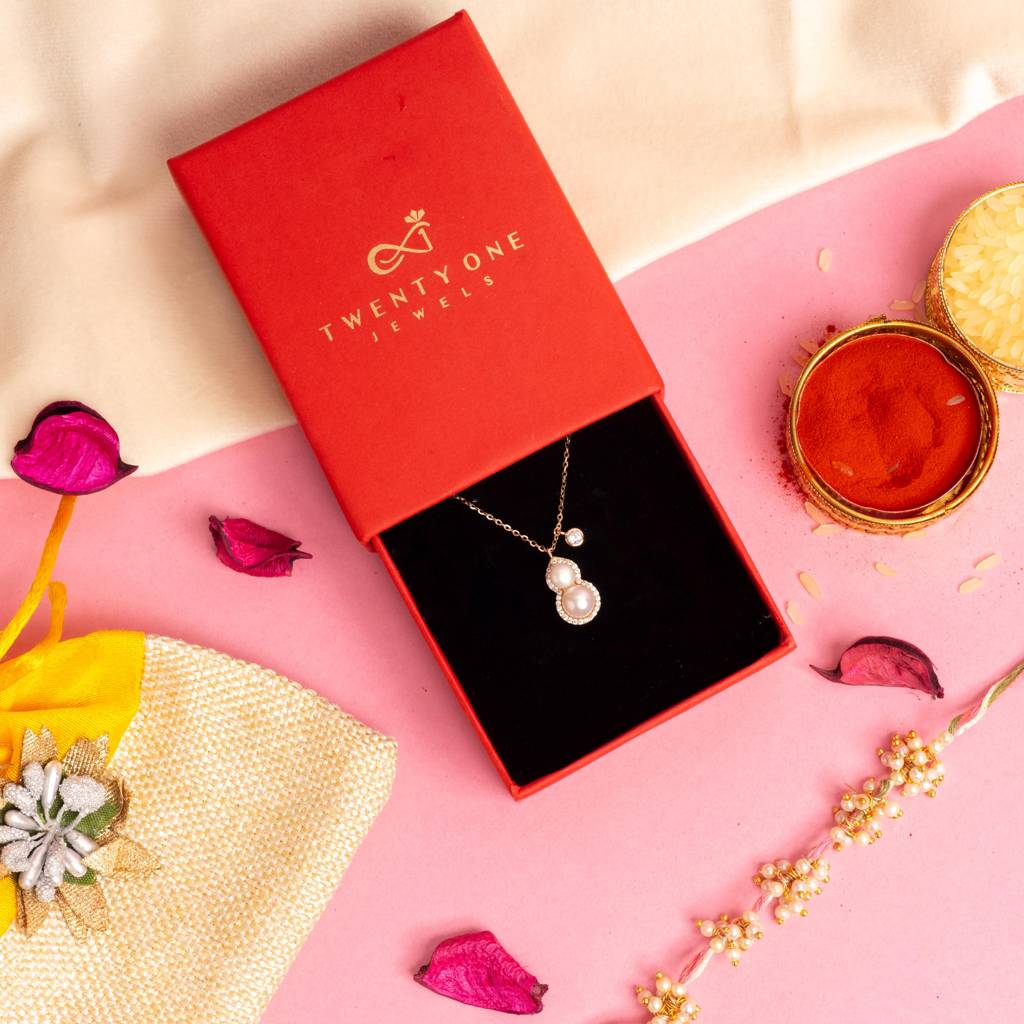 Rose Gold Finish Double Pearl Gia Pendant With Chain On Pure 925 Silver : TP5371