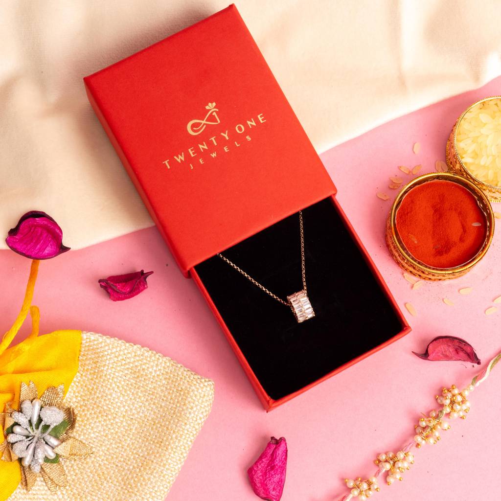 Rose Gold Luxury Brand Inspired American Diamond Baguette Suzette Pendant With Chain On Pure 925 Silver : TP5372