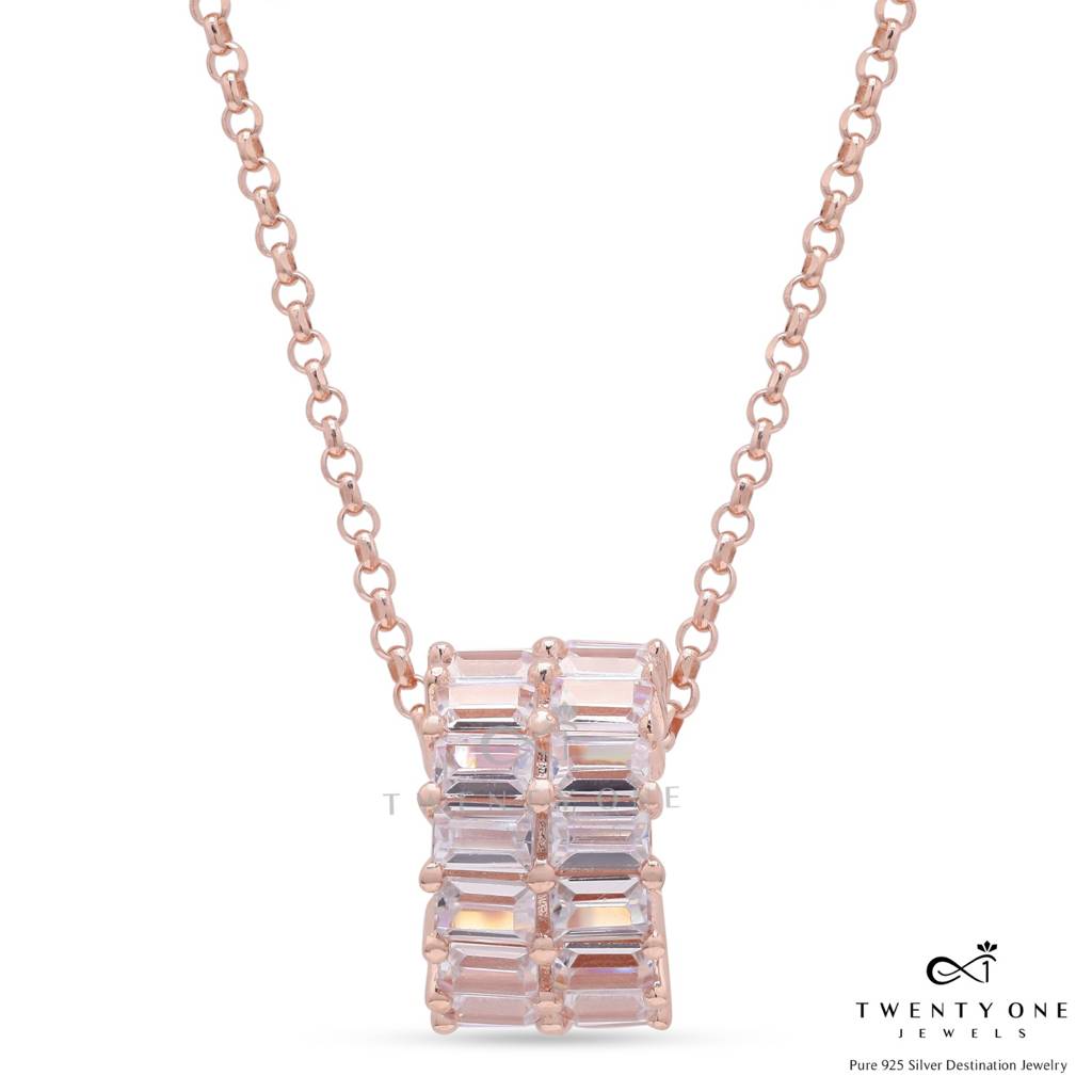Rose Gold Luxury Brand Inspired American Diamond Baguette Suzette Pendant With Chain On Pure 925 Silver : TP5372