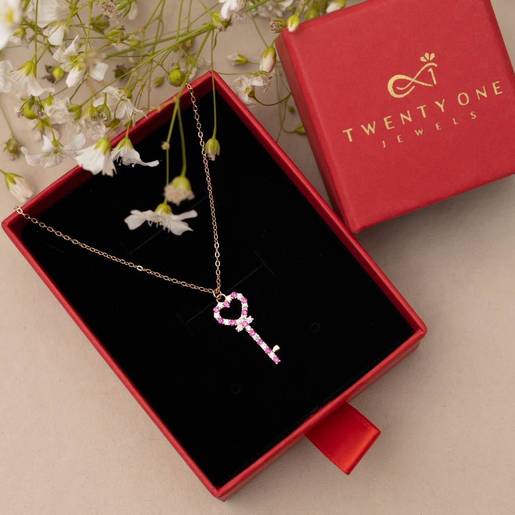 Ruby And Diamond Studded Key To My Heart Rose Gold Pendant With Chain On Pure 925 Silver. : TP5374
