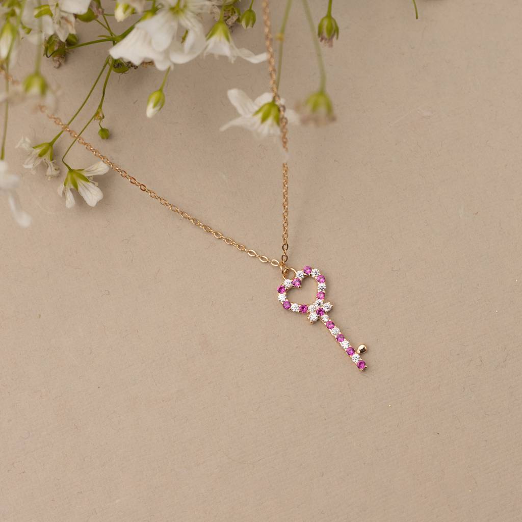 Ruby And Diamond Studded Key To My Heart Rose Gold Pendant With Chain On Pure 925 Silver. : TP5374