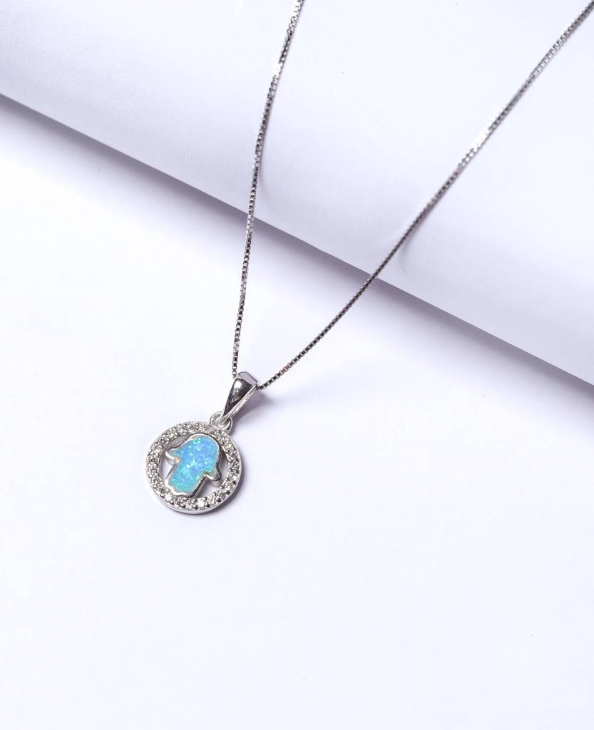 Kids Blue Hamza In A Ring Pure 925 Silver Pendant With Chain.-Blue Opal : TP5401